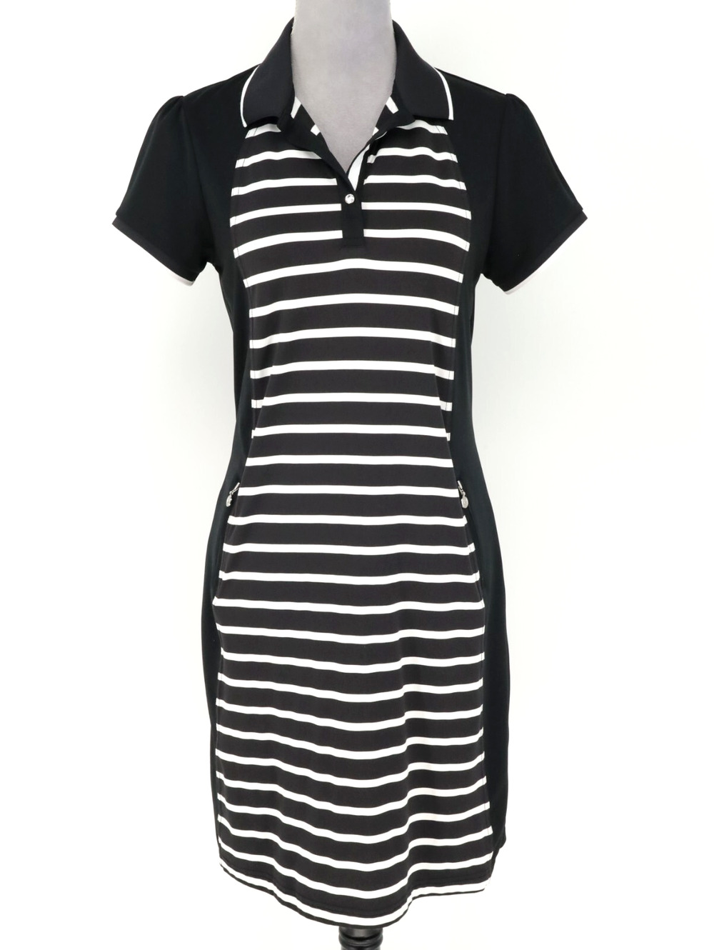 Daily Sports Golf Dress Womens Medium Black White Stripe Stretch Knit Zip Pocket